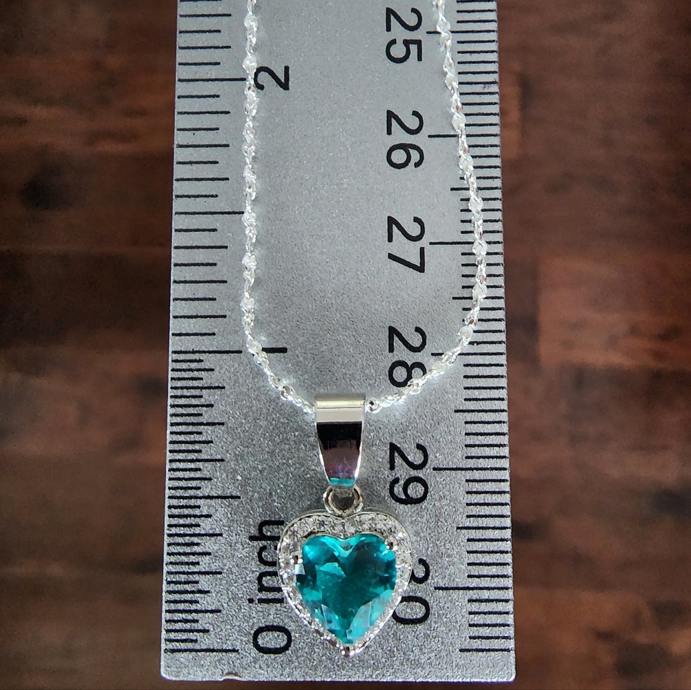 New 925 Sterling Silver Aquamarine Heart Pendant White Topaz accents necklace - Picture 5 of 11